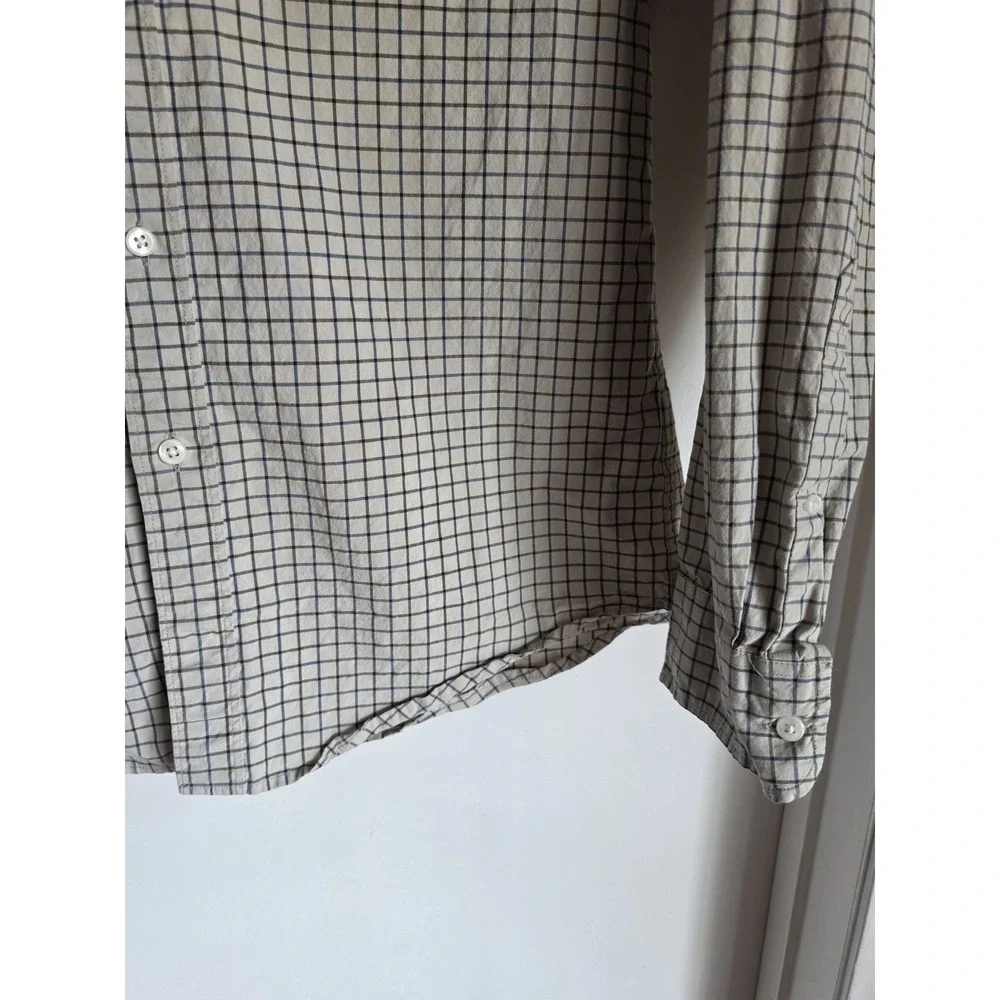 J.Crew Men M Plaid Check Button-Up Long Sleeve Shirt Beige Blue Black Top